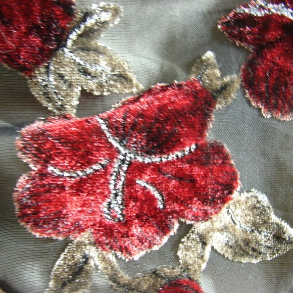 Floral Velvet Burn Out Burgundy Green Lace Dress L - Picture 14 of 16